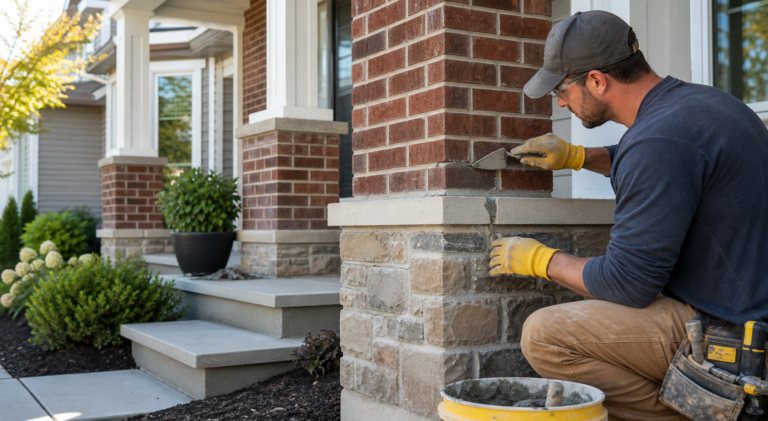 Masonry contractor repairing brick mortar and stone veneer on the front porch of a residential home