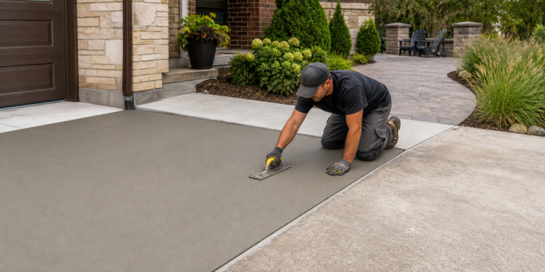 Concrete contractor smoothing a resurfaced driveway section beside an older concrete surface at a residential home