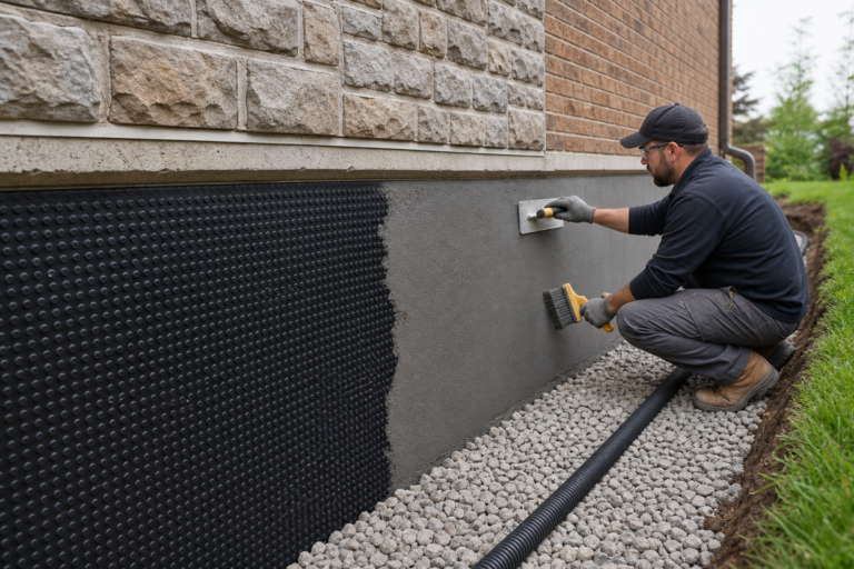 Contractor applying waterproofing and parging to an exterior foundation wall with drainage gravel beside the home