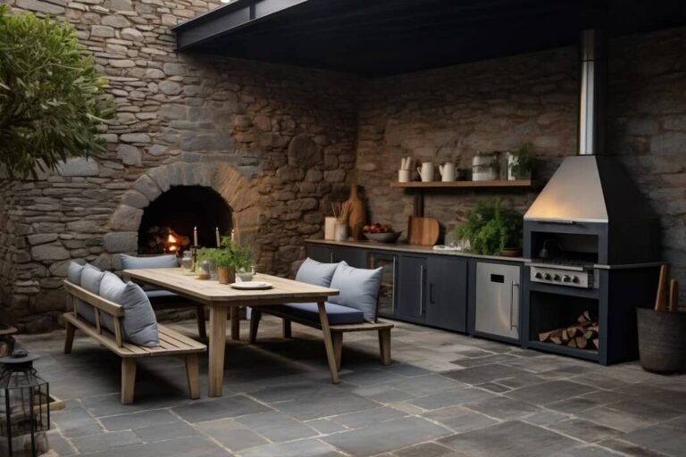 Outdoor kitchen masonry with stone and concrete patio